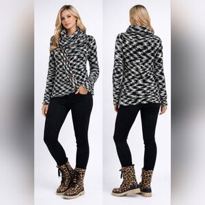 Element Black & White Marled Shawl-Collar Cardigan with Asymmetrical Buttons